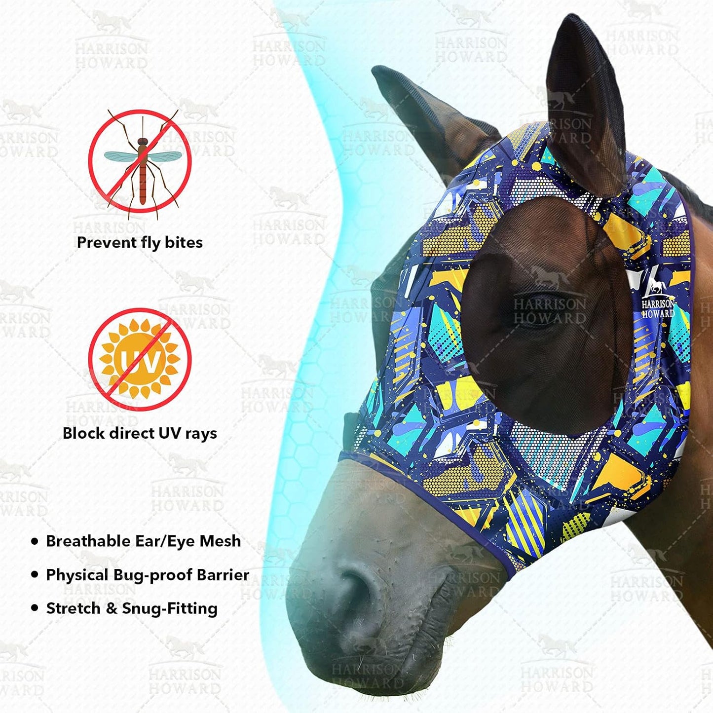 Harrison Howard Super Comfort Stretchy Fly Mask Large Eye Space with UV Protection Soft on Skin with Breathability Graffiti Mix (L; Full Size)