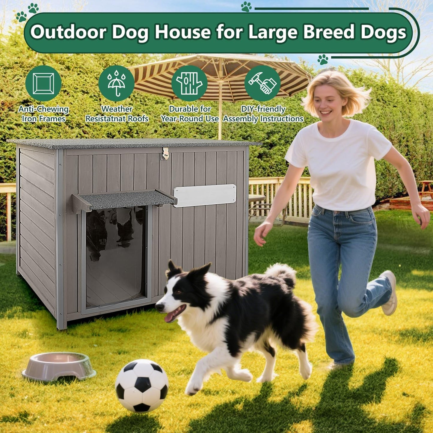 43.3" L Large Outdoor Dog House Weatherproof Doghouse for Medium to Large Dogs with Anti Bite Frames Wooden Dog Kennel with Window,8 Elevated Feet,Reinforced Bottom for Pet Up to 180 LBS