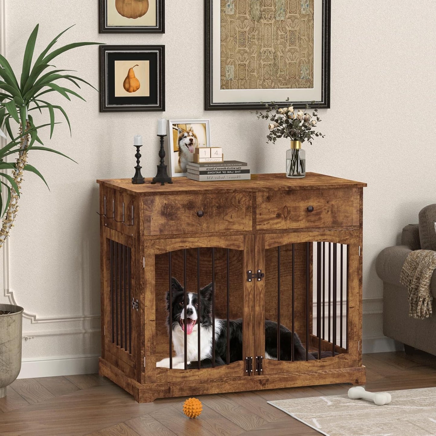 BREEZEHEAT 40 inch Dog Crate Furniture-Farmhouse Dog Kennel with Drawers-End Table Wooden Pet Crate, Double Door Design, Decorative Dog House Indoor for Small Medium Large Dog,Brwon