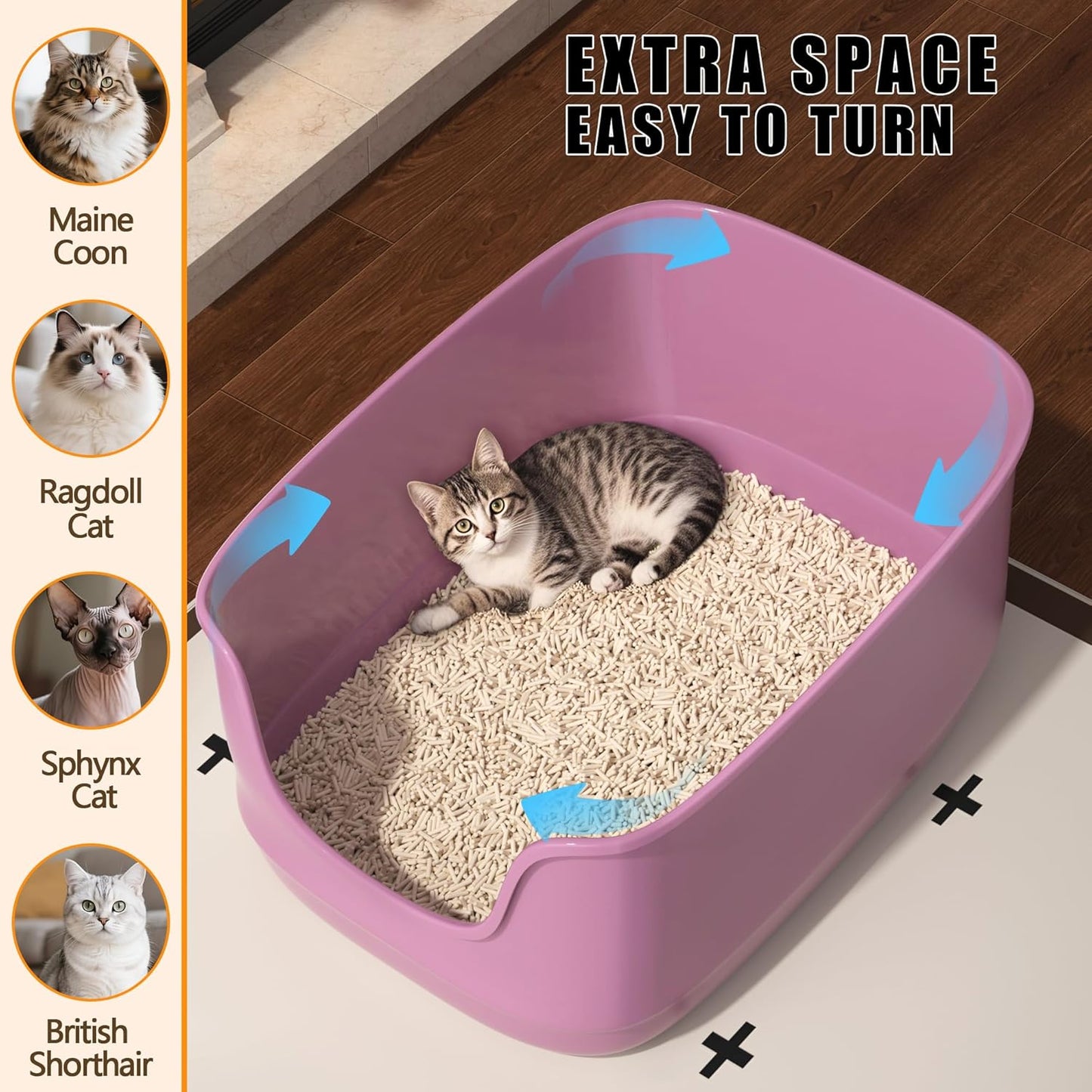 Gefryco Large Cat Litter Box with High Sided 24.6"x18.3"x12.2" - Jumbo Extra Large Open Anti - Splashing High Wall for Multiple Cats (Pink)
