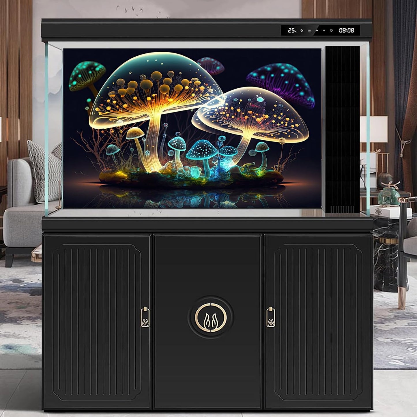 Mushroom Aquarium Background Abstract Glowing Fantasy Mushrooms Terrarium Background Mysterious Forest Magical Night In Circle Shape Crystal Glass Fish Tank Backdrop Decorations Vinyl 24x16in