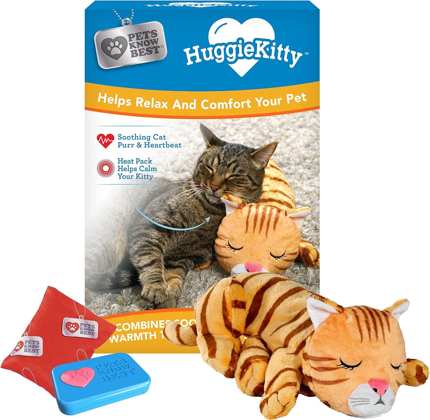 Pets Know Best HuggieKitty | Comfort Purring Companion with Heartbeat Sleep Aide for Cats & Kittens, Heating for Calming Relief, Carrier & Behavioral Training Essential, Breeds, Orange