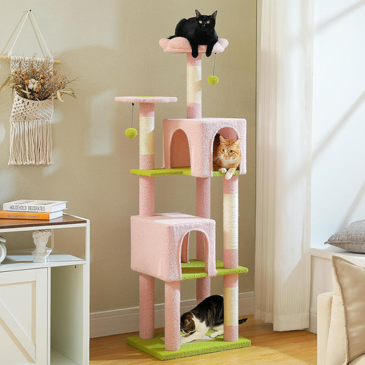 Flower Cat Tree, 62-Inch Tall Multi-Level Cat Tower with Scratching Posts for Large Indoor Cats, Plush Bed w/Padded Perches, Scratching Pad & 2 Green Pompoms, Pink