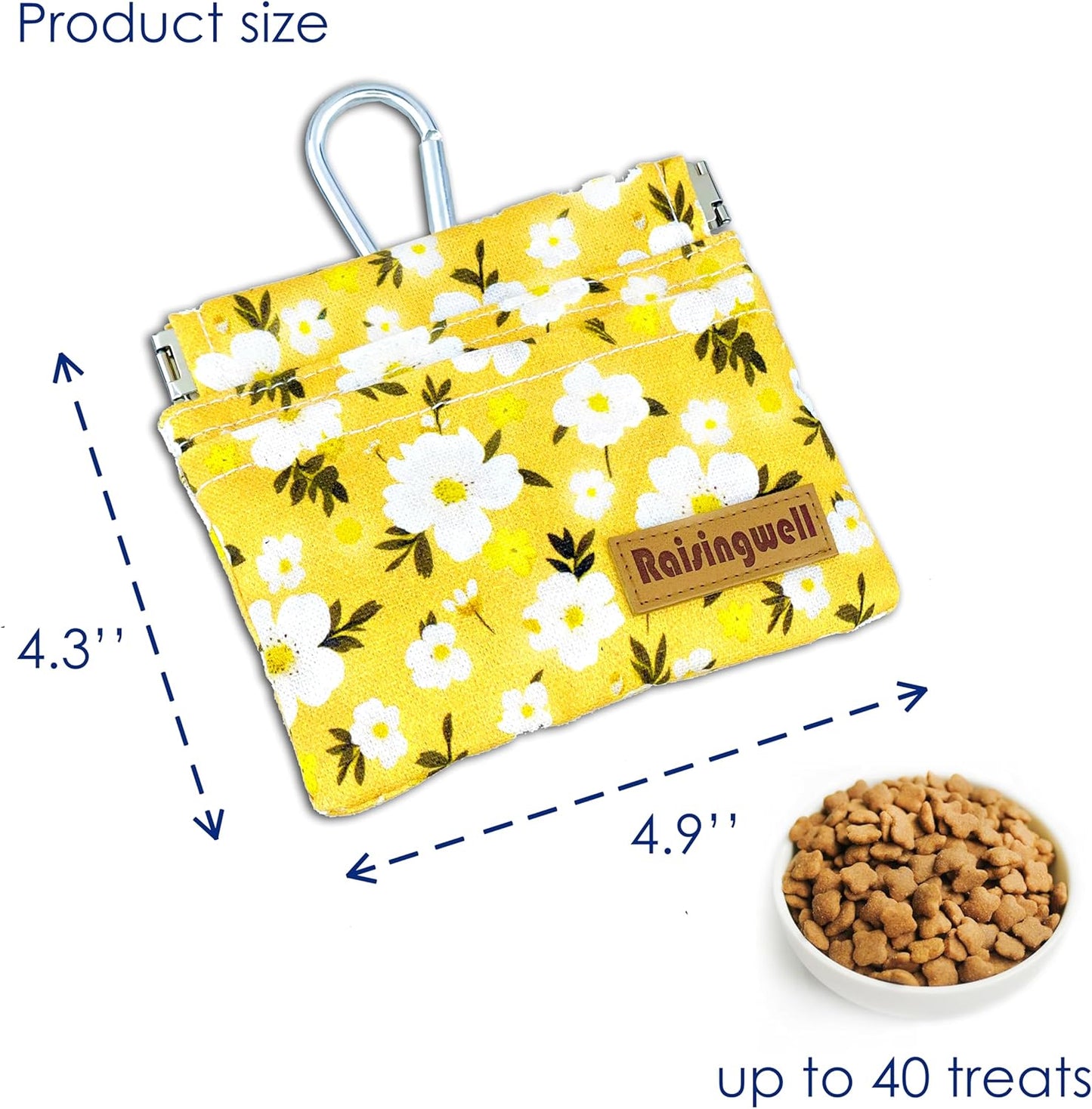 Dog Treat Pouch, Pocket Sized Pet Training Pouch, Cotton Fabric, Hand Free Yellow Flower Dog Walking Bag with Carabiner, Self-Closing Pet Feed Snack Reward, for Puppy Travel or Outdoor Use