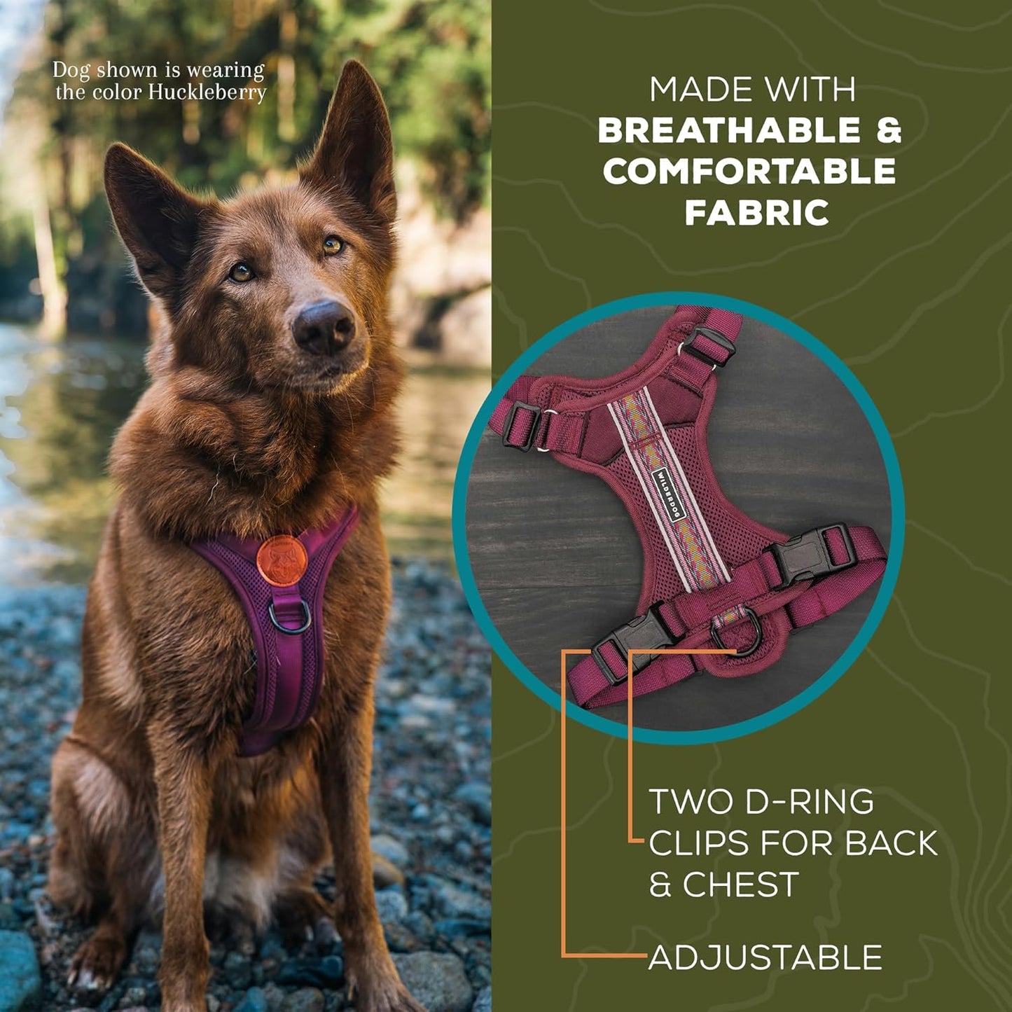 Wilderdog Lightweight Dog Harness with Reflective Straps - Medium - Huckleberry