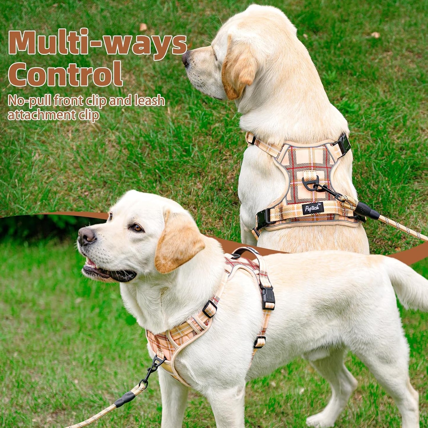 PUPTECK No Pull Dog Harness Medium Sized, Adjustable Reflective Dog Harness with Handle Easy Control, Comfortable Soft Padded Pet Vest Harness for Medium Dogs, Plaid Beige M