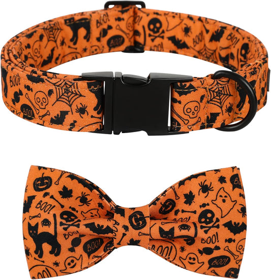 Lionet Paws Halloween Dog Collar with Bowtie - Cute Cotton Adjustable Fall Bowtie Dog Collar with Metal Buckle for Small Medium Large Dog Girl Boy Gift, XS, Neck 8-12in