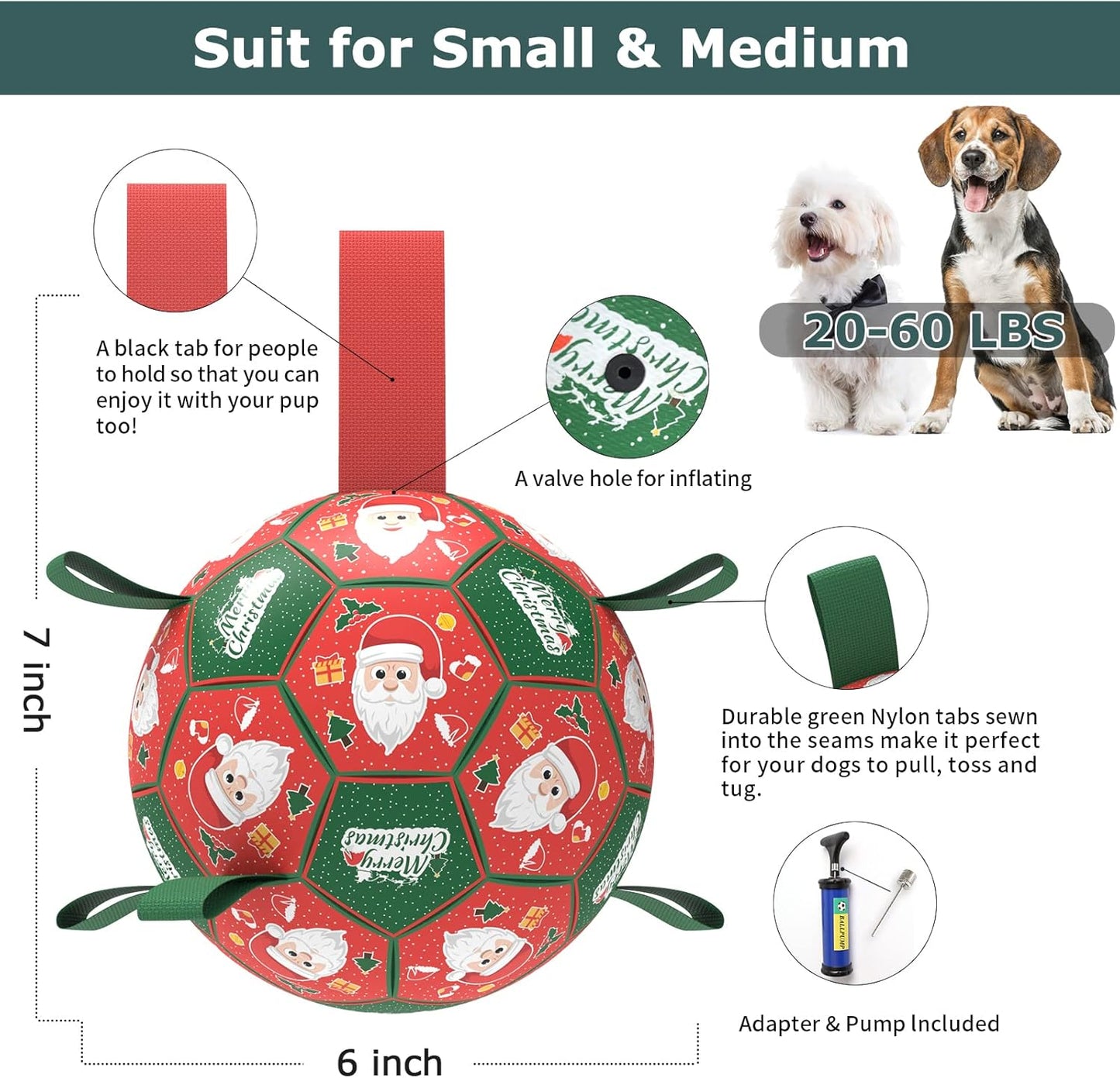 QDAN Christmas Dog Balls with Straps, Soccer Ball for Dogs for Small Medium Pet, Interactive Rope Toys, Puppy Birthday Gifts (6 Inch)