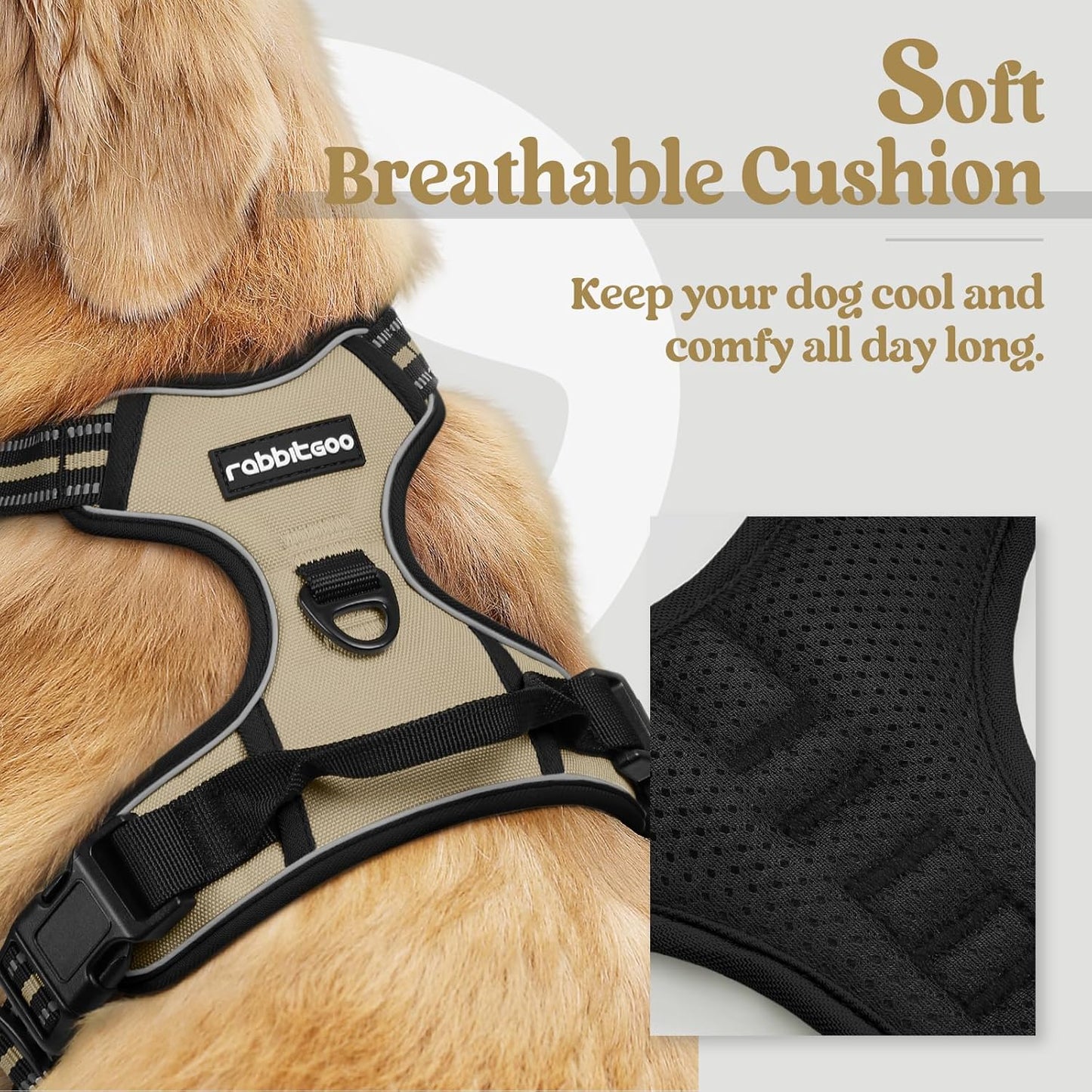 rabbitgoo Dog Harness No Pull with 2 Leash Clips, Adjustable Soft Padded, Reflective Oxford No Choke Pet Vest with Easy Control Handle for Large Dogs, Beige, XL