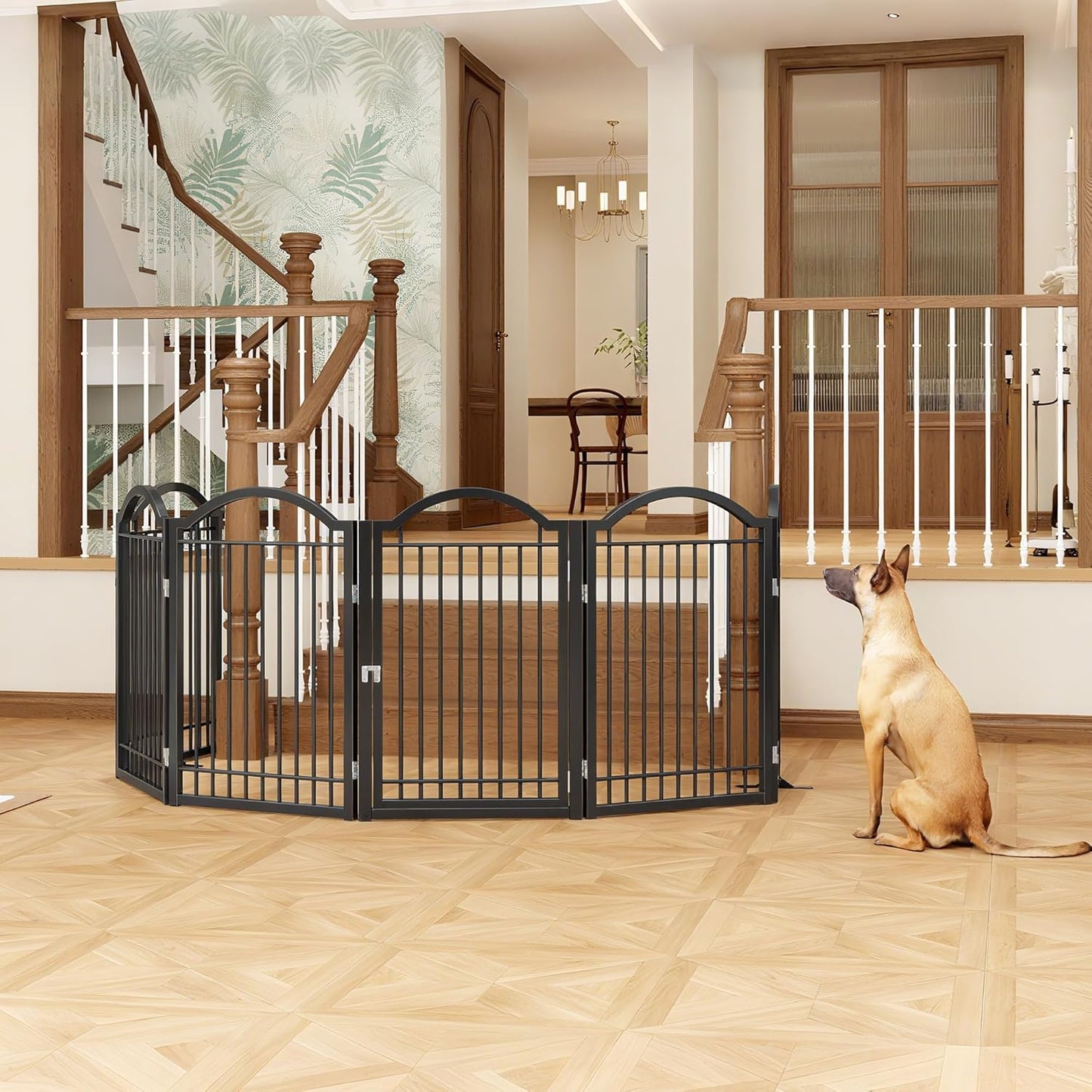 BHG Metal No-Assembly Freestanding Dog Gate with Door Walk Through, Extra Wide 144", Extra Tall 32" Pet Gate, Accordion Puppy Folding Playpen Dog Fence, with 2PCS Support (Black, 6 panesl)