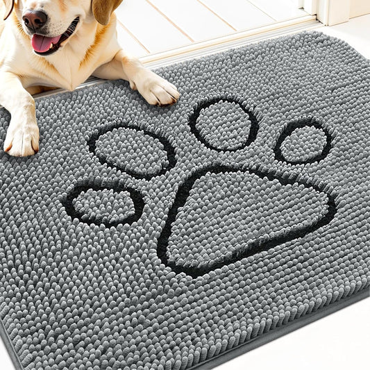 OLANLY Door Mat for Muddy Dog Paws 30x20, Ultra Absorbent Chenille Mud Doormat with Paw Print Design, Non-Slip Washable Doormat for Indoor Entryway, Quick-Dry Pet Bed Mats for Dirty Dogs, Grey