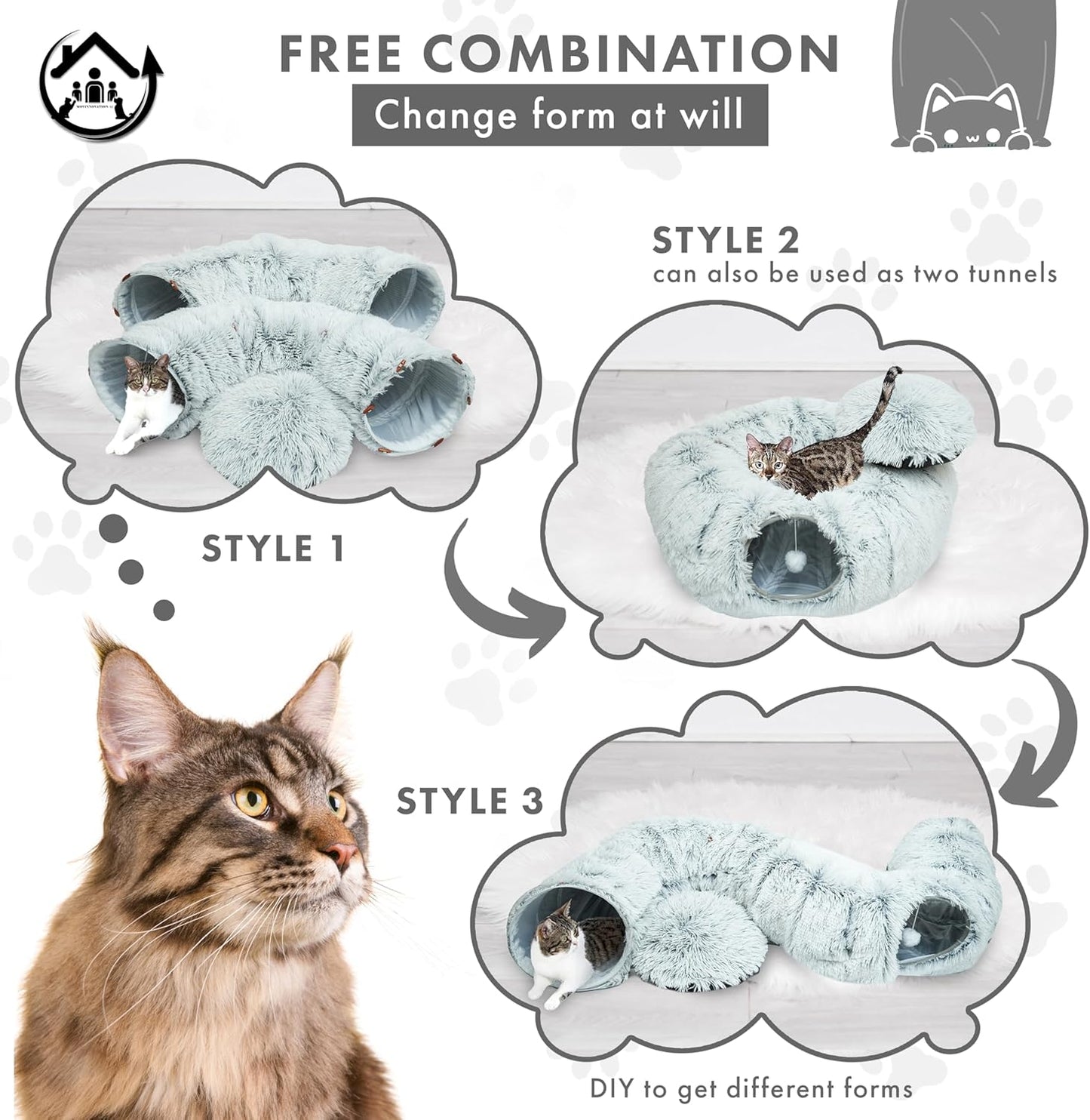 Large Cat Tunnel Bed for Indoor Cats Warm Fluffy Plush Cat Cave Tunnel Bed Collapsible, Washable, 3 Way and Multifunctional with Dangling Balls for Cats, Kittens and Rabbits- Gray