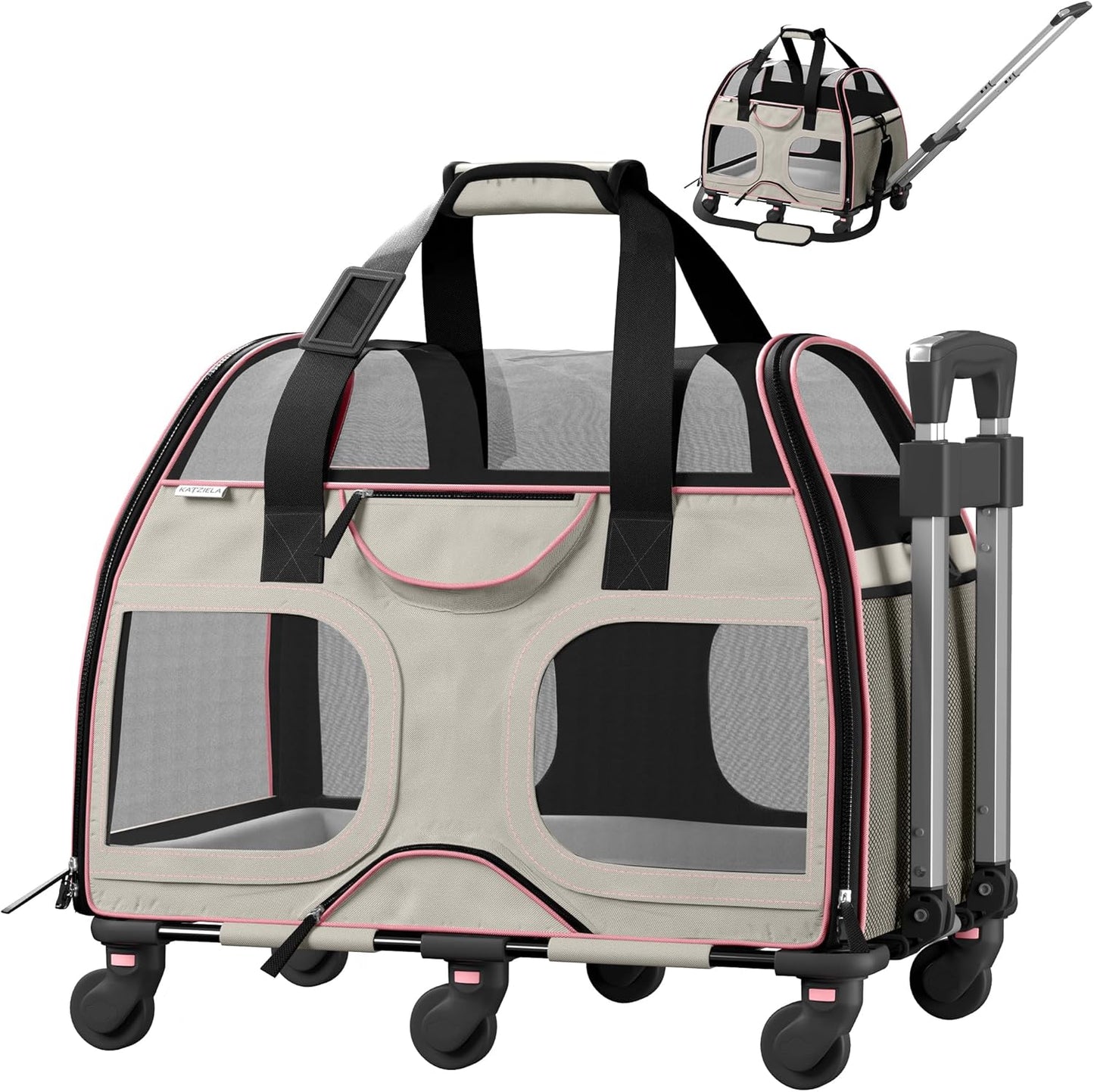 Katziela Pet Carrier - Airline Compliant Dog Carrier - TSA Approved Pet Carrier for Small Dogs and Cats - Soft FAA Travel Airplane Dog Carrier Luggage (Gray/Pink-6 Wheels)