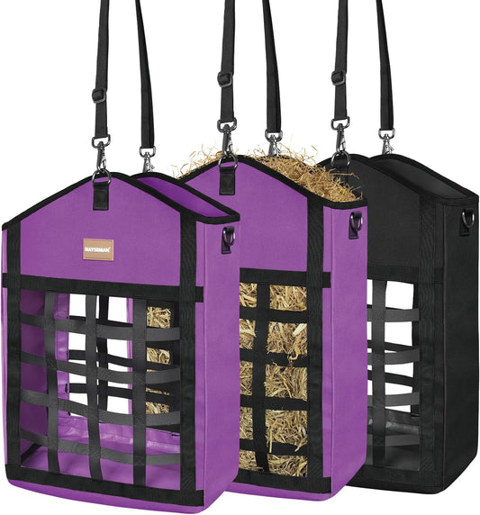 Innovative Hay Bags for Horses, Goat Hay Feeder with Reinforced Oxford Fabric and High Strength Metal Clasp,Horse Feeding Supplies with Adjustable Strap for Easy Hanging (2Purple+1Black)