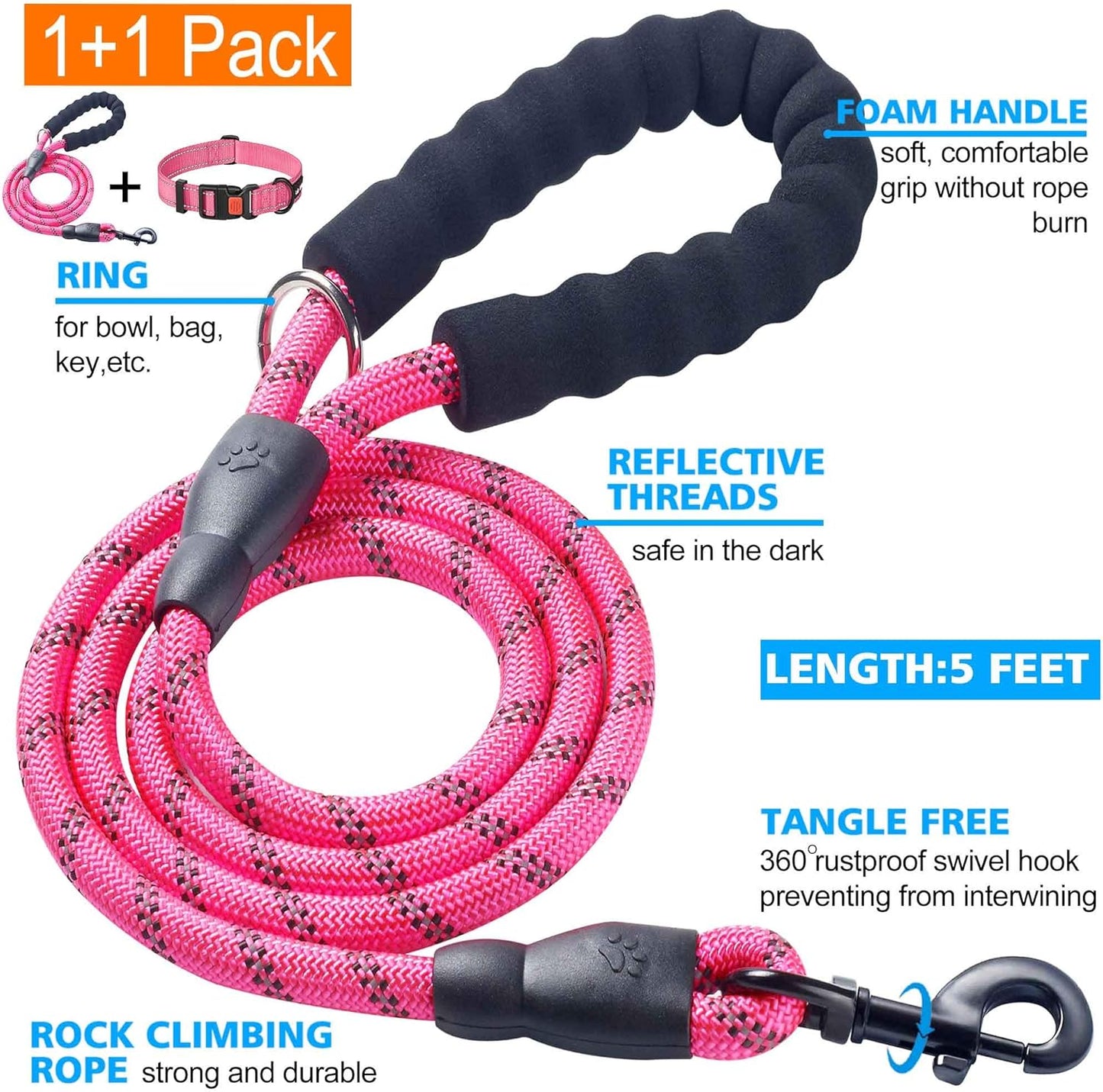 Heavy Duty Dog Leash - Comfortable Padded Handle, 5 ft Long - Dog Leashes for Small Medium Large Dogs (Leash+Collar L Neck 20"-25", Pink)