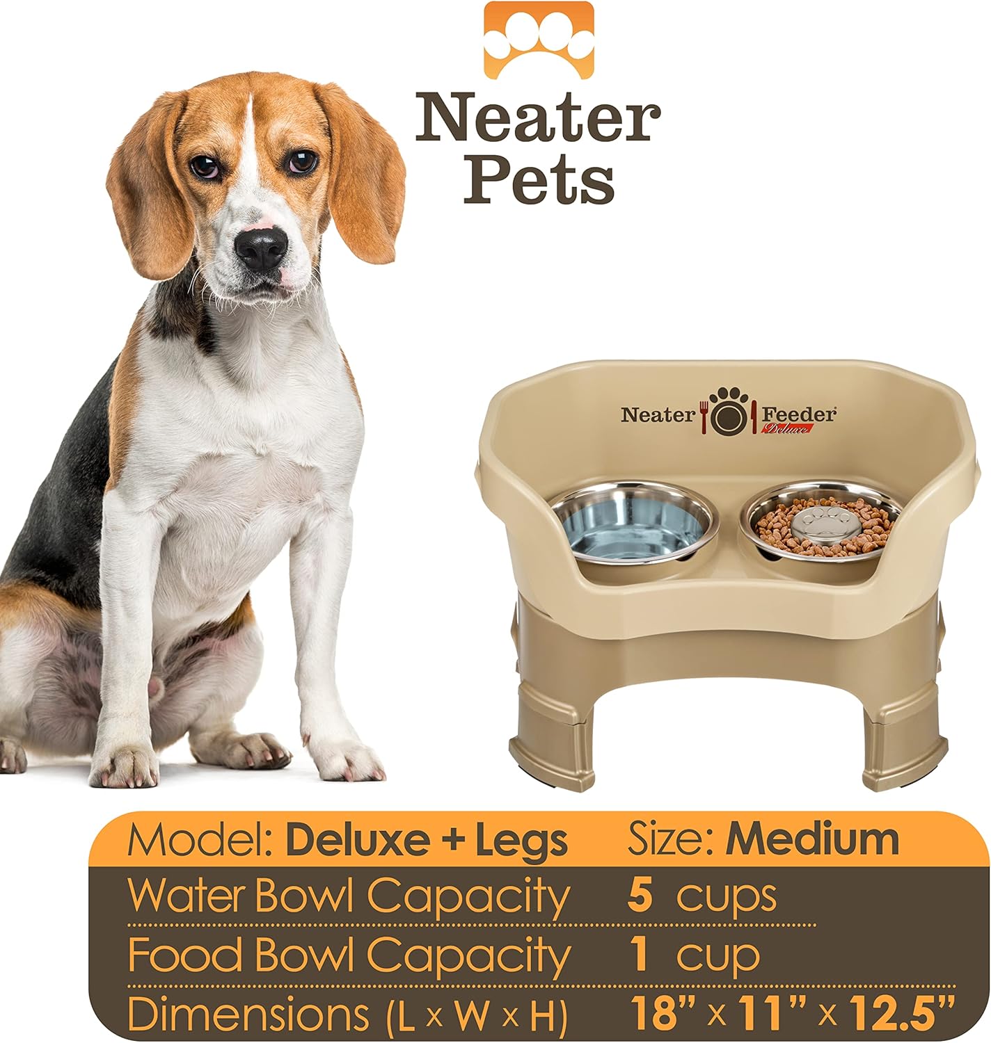 Neater Feeder Deluxe Mess Proof Dog Bowls Elevated for Medium Sized Breeds – Made in USA – No Spill Raised Slow Feeder Elevated Dog Bowl Stand w/Leg Extensions, Food and Water Bowl Set, Cappuccino