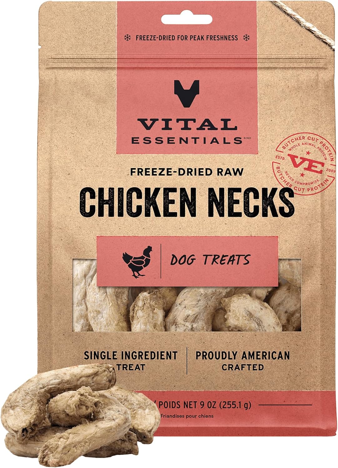 Vital Essentials Chicken Necks Dog Treats, 9 oz | Freeze-Dried Raw | Single Ingredient | Premium Quality High Protein Training Treats | Grain Free, Gluten Free, Filler Free