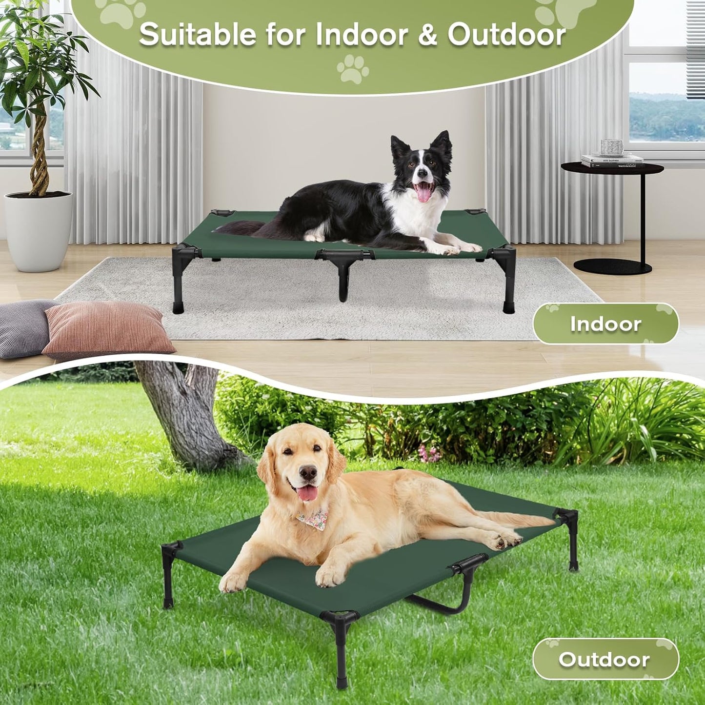 XL Elevated Dog Bed 51 Inch - Waterproof Raised Cooling Cot for 121lb Dogs, with Washable Breathable Mesh, All-Weather Outdoor Dog Bed with Non-Slip Feet, Green