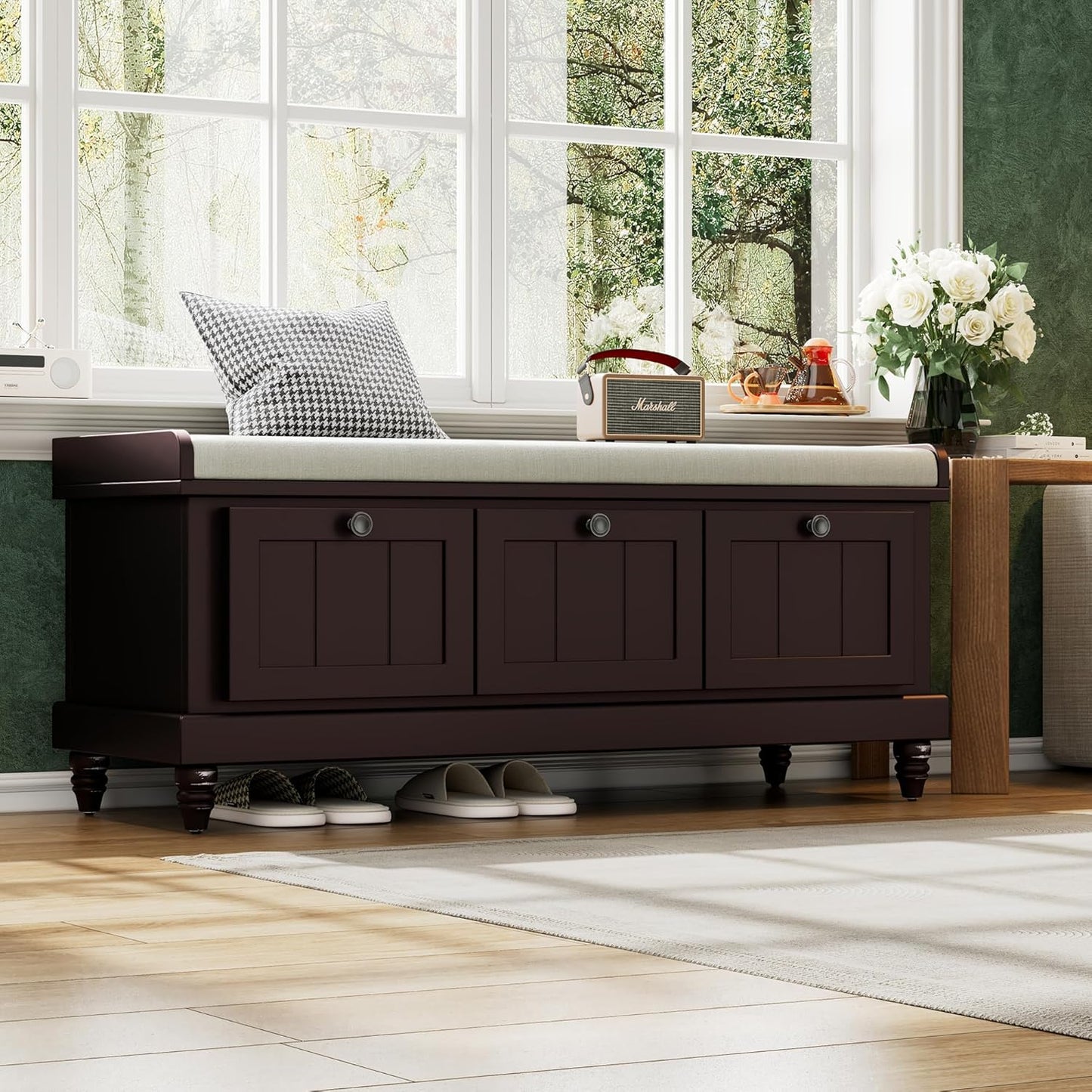 Classic Shoe Storage Bench with Cushion and Three Drawers, Fluted Entryway Bench with Storage for Entryway, Living Room, Hallways 44.0" L x 15.9" W x 18.9" H Espresso