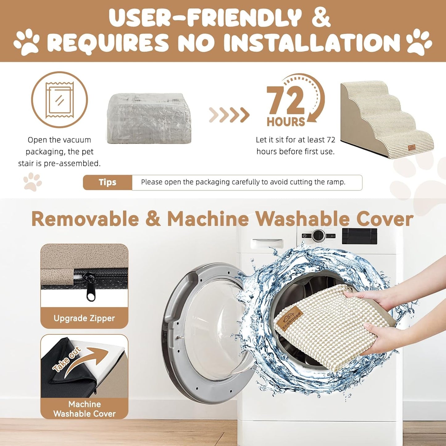 Dog Ramp and Stair for Bed 16" H-20 H,3-Step Cat Stair for Sofa and Chair,4-Step Dog Ramp for High Bed and Window,Durable Nonslip Fabric Cover for Indoor (Beige-20 H, Pet Friendly, 4)