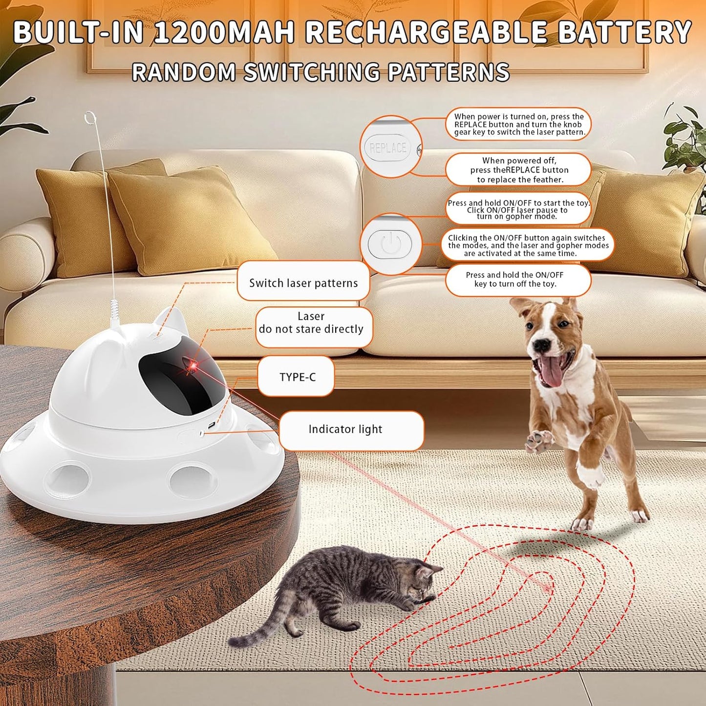 Cat Laser Toy,Automatic Laser cat Toy 3-in-1 Interactive Automatic Motion Activated Moving 6 Holes Whack A Mole Feather, USB Rechargeable Electronic Smart Sensor Kitten Toys for Indoor Exercise