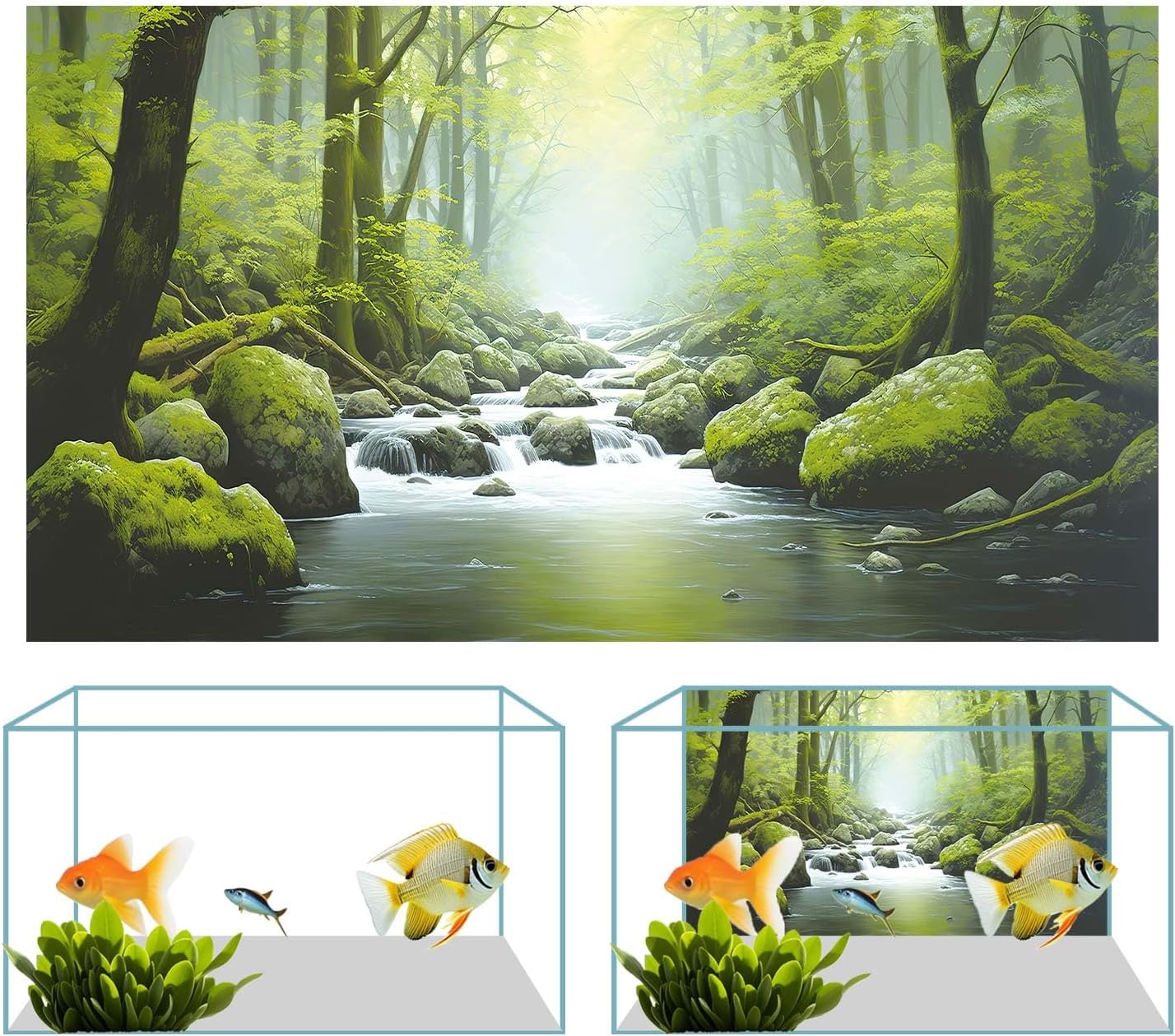 30X12IN Tropical Forest Terrarium Background, Natural Green Forest Tree Reptile Habitat Background, Misty Rainforest Aquarium Background, with 8 EVA Double-Sided Tape