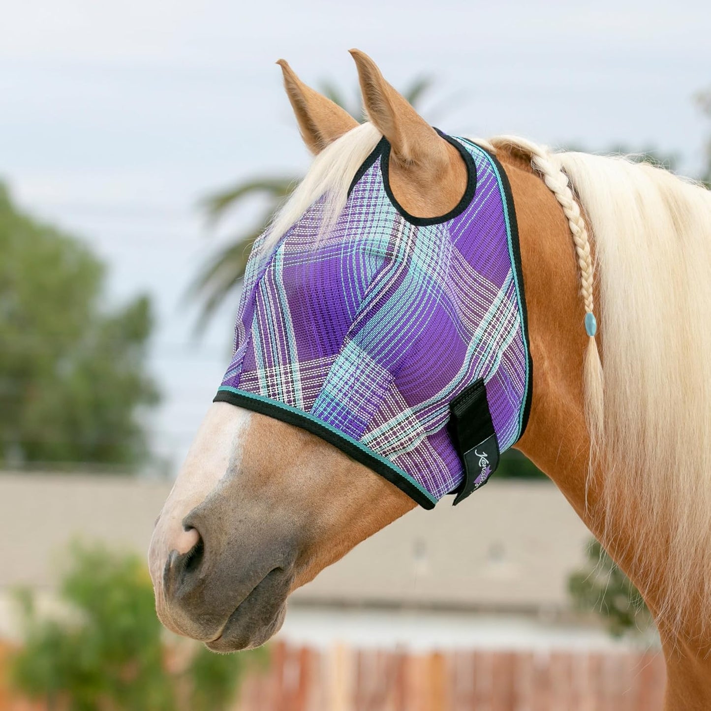 Kensington UV Horse Fly Mask with Web Trim - Protective Mask with Dual Ear Opening & Forelock Freedom - Large, Lavender Mint