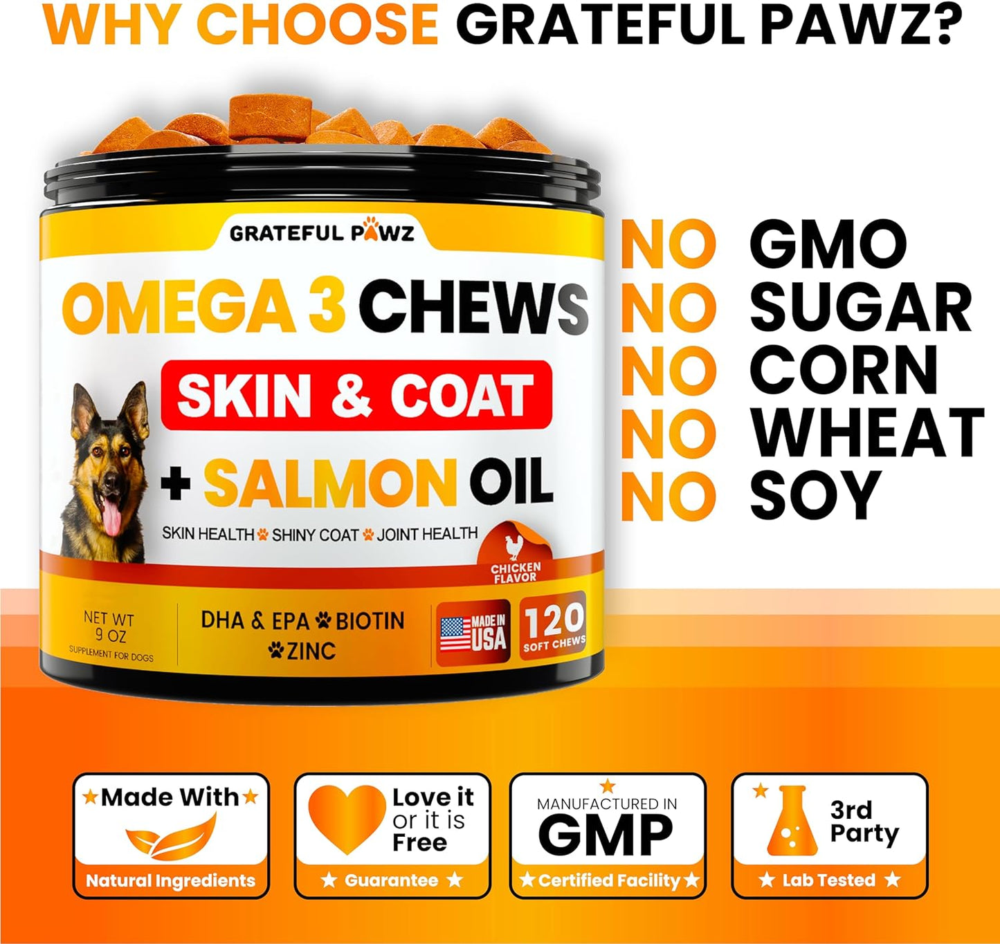 Omega 3 for Dogs - Fish Oil for Dogs Chews - Allergy and Itch Relief - Anti Shedding Supplement - Joint Health Treatment - Dry Itchy Skin and Coat Supplement - Salmon Oil - EPA & DHA - Made in USA