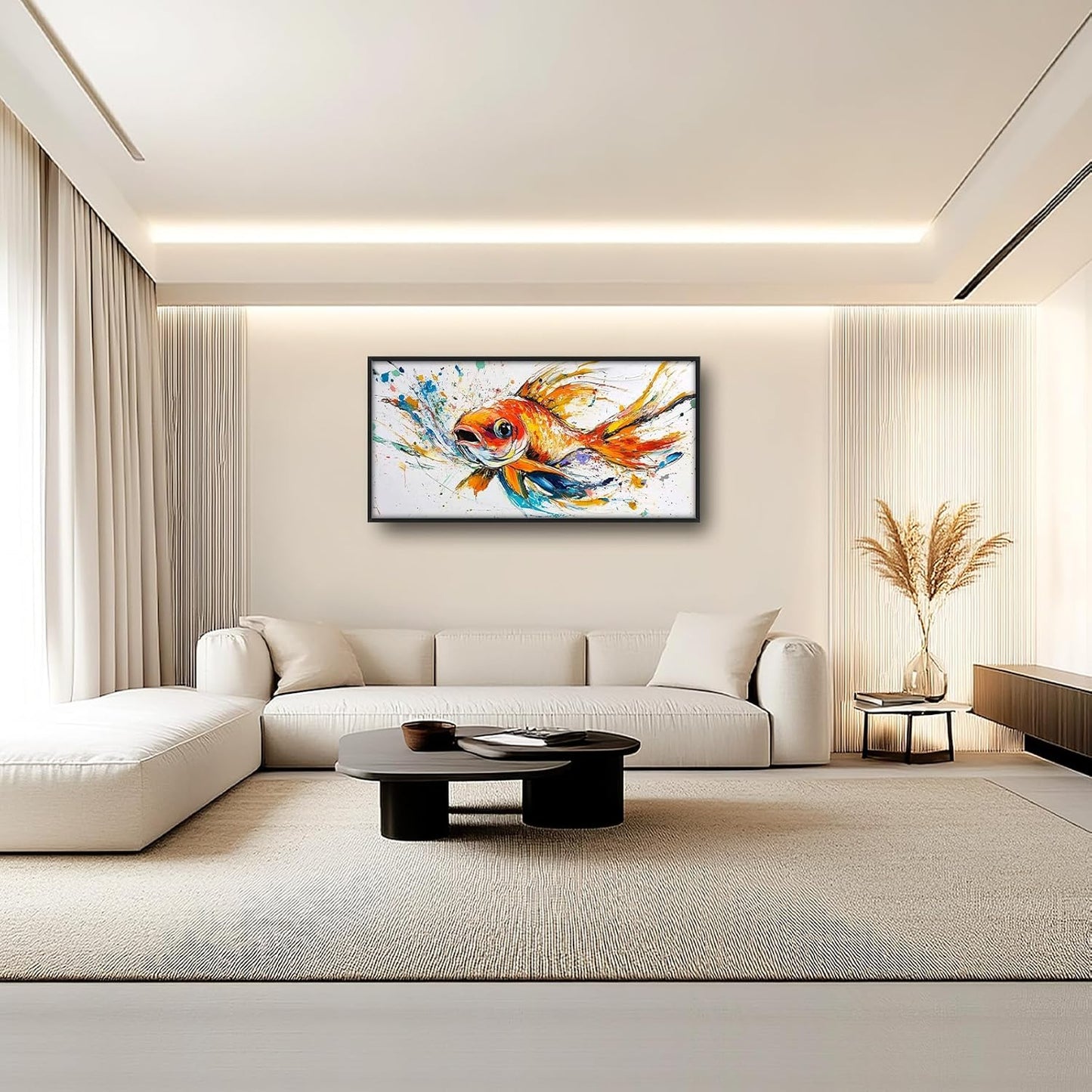 Framed Large Fish Wall Art for Living Room, Oversized Graffiti Goldfish Wall Decor Watercolor Fishing Canvas Painting Modern Artwork Home Decoration for Living Room Bedroom Office 60"x30"