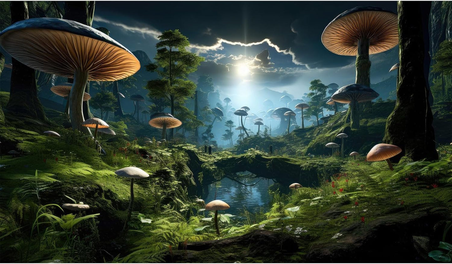 Fantasy Mushrooms Landscape Aquarium Background Tranquil Stream Cloudy Sky Terrarium Background Lush Green Tropical Plants Trees Fish Tank Backdrop Decoration Tank Background Poster 72x24in