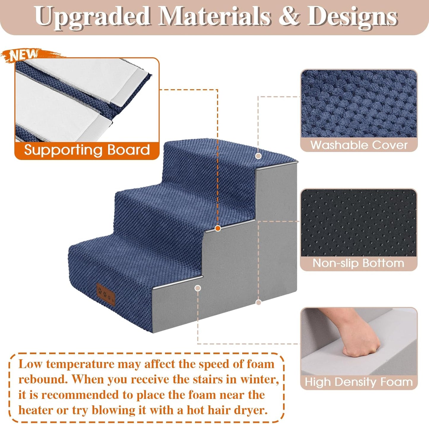 GGIB Dog Stairs for Small Dogs Cats Non-Slip Dog Steps for High Bed Pet Stairs for Sofa Couch Pet Ramp Pet Steps with Removable Washable Cover, 13" H, 3-Step