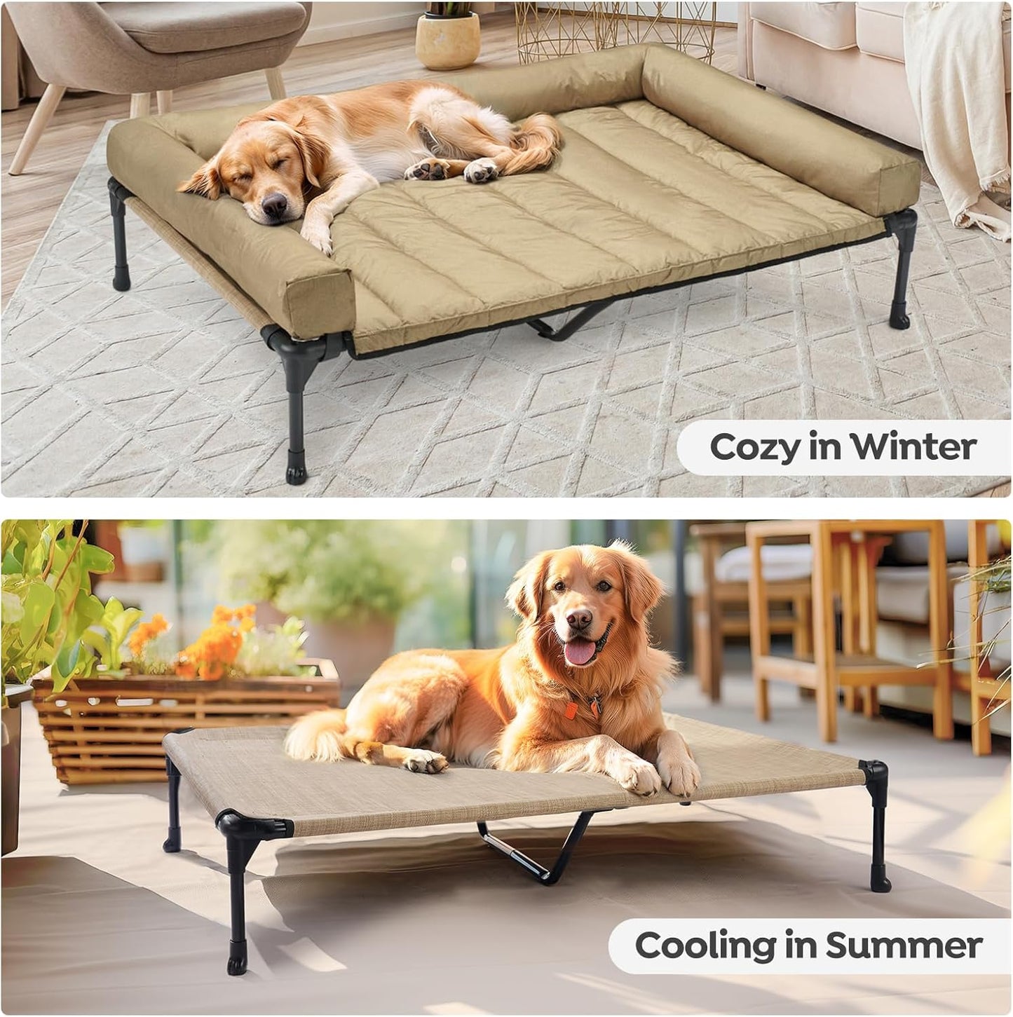 Veehoo Cooling Elevated Dog Bed Add Removable Waterproof Bolster Cushion Mat, Raised Pet Cot with Breathable Teslin Mesh, No-Slip Feet, Dog Couch Bed for Indoor Outdoor, 59x37.5inches, Beige, CWC2331B