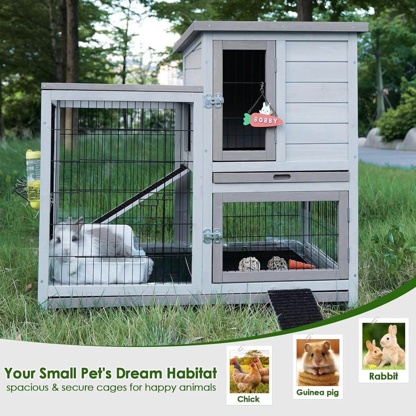 Rabbit Hutch Indoor Bunny Cage Outdoor House with Urine Guards and 2 Trays for Small Animals Guinea Pigs