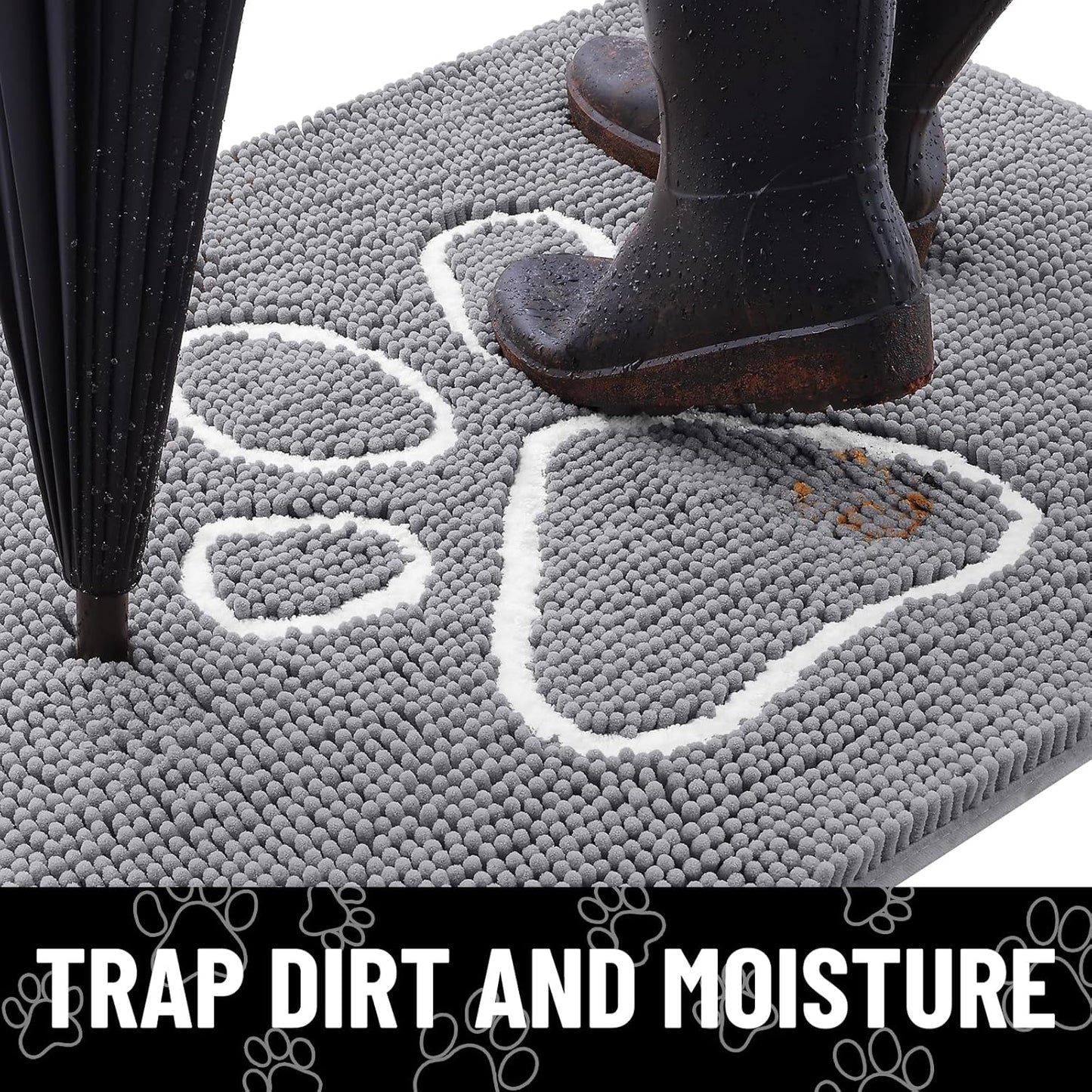 Smiry Dog Door Mat for Muddy Paws, Absorbent Dirt Trapper Non Slip Quick Dry Washable Chenille Mat for Mud Dogs, Entry Rug for Indoor and Outdoor (48x30 Inches, Grey and White)