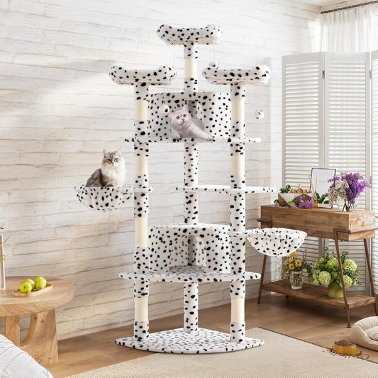 SHA CERLIN 73in Fan-Shaped Corner Cat Tower for Save Space/Multi-Level Tall Tree for Indoor Kitties/Condo with Baskets/Cozy Perches/Sisal Scratching Posts/Pet Activity House/White & Black Spot