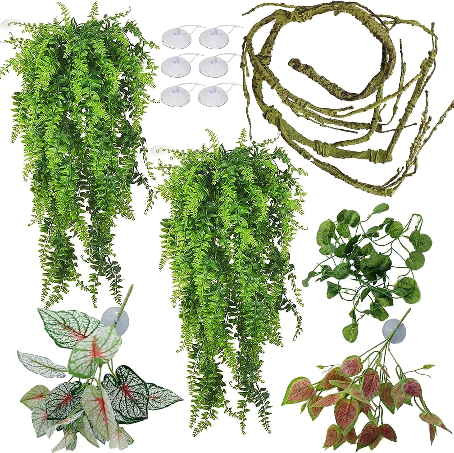 Reptile Plants for Bearded Dragon Tank Accessories, Terrarium Plant Artificial Decor for Snake Cage, Fake Plant for Leopard Gecko Habitat, Lizard Chameleon Ball Pythons (Group BN)