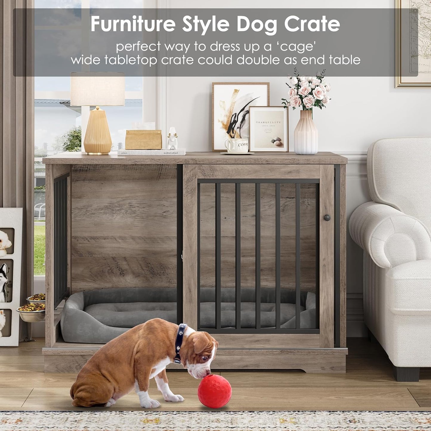 Dog Crate Furniture 47” Large Dog Kennel for Dogs Indoor, Heavy Duty Dog Cage with Sliding Door and 2 SUS Bowls Wooden End Table in Living Room for Small Medium Large Dogs, Rustic