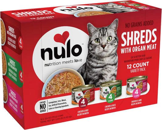 Nulo Real Shreds with Organ Meat Wet Canned Cat Food, Variety Flavors, 2.8 Ounce, 12 Cans