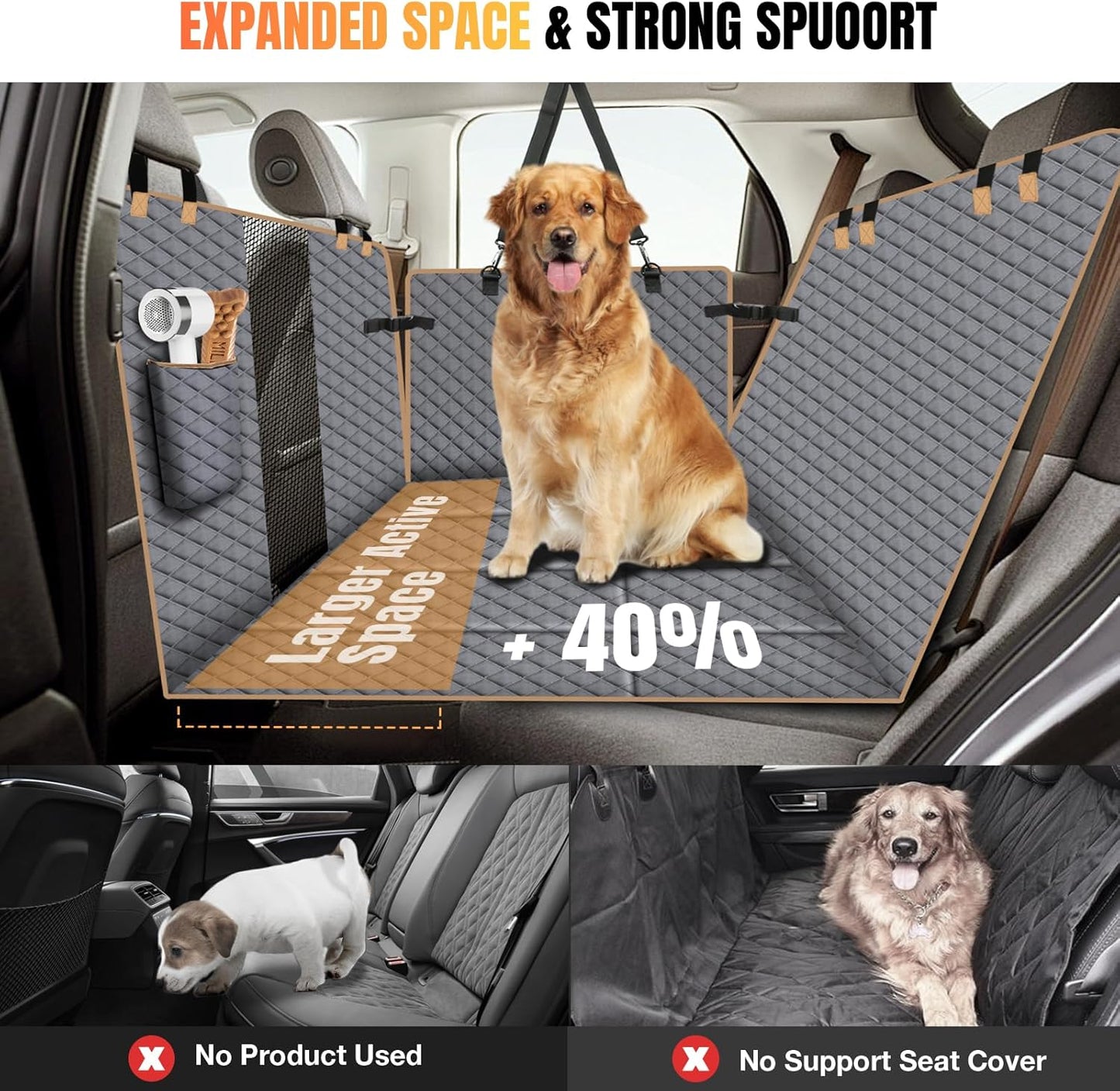 Dog Car Seat Cover for Back Seat, Dog Car Bed Cover with Strong Hard Bottom, Back Seat Extender Hammock for SUV Truck,4 Panels Gray Color