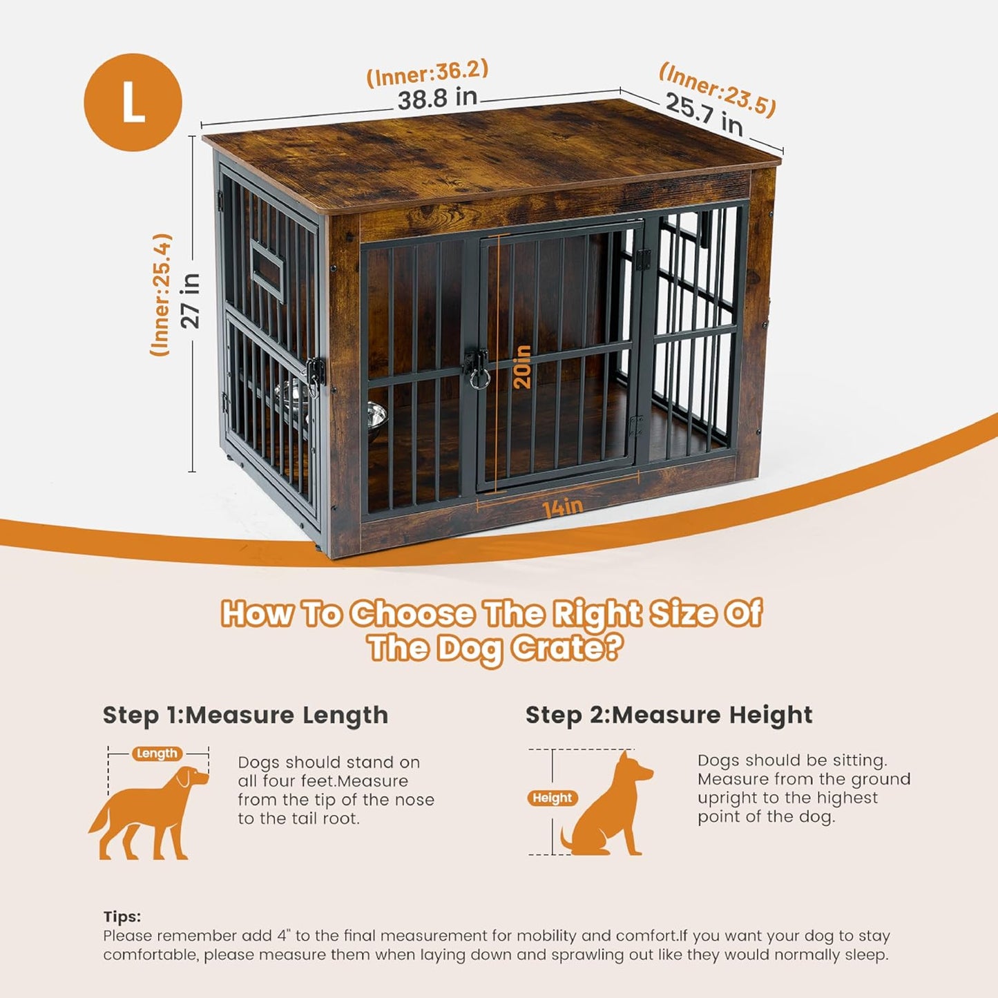 Gardner Pet Dog Crate Furniture for Medium Dogs, 38.8 Inch Dog Kennel Indoor, Wooden Dog Cage End Table with 2 Removable Bowls, Heavy Duty Dog Crate, Rustic Brown