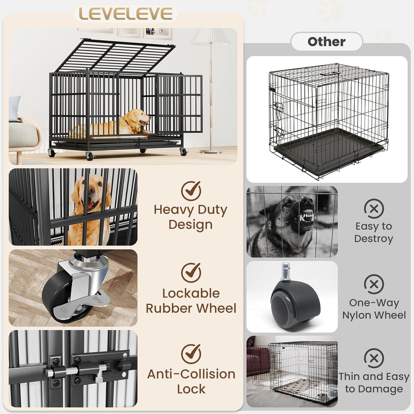 LEVELEVE 48 Inch Heavy Duty Indestructible Dog Crates for Large Dogs，Escape Proof Dog Cage Large Dogs with Lockable Wheels，Dog Kennel Furniture Indoor&Outside