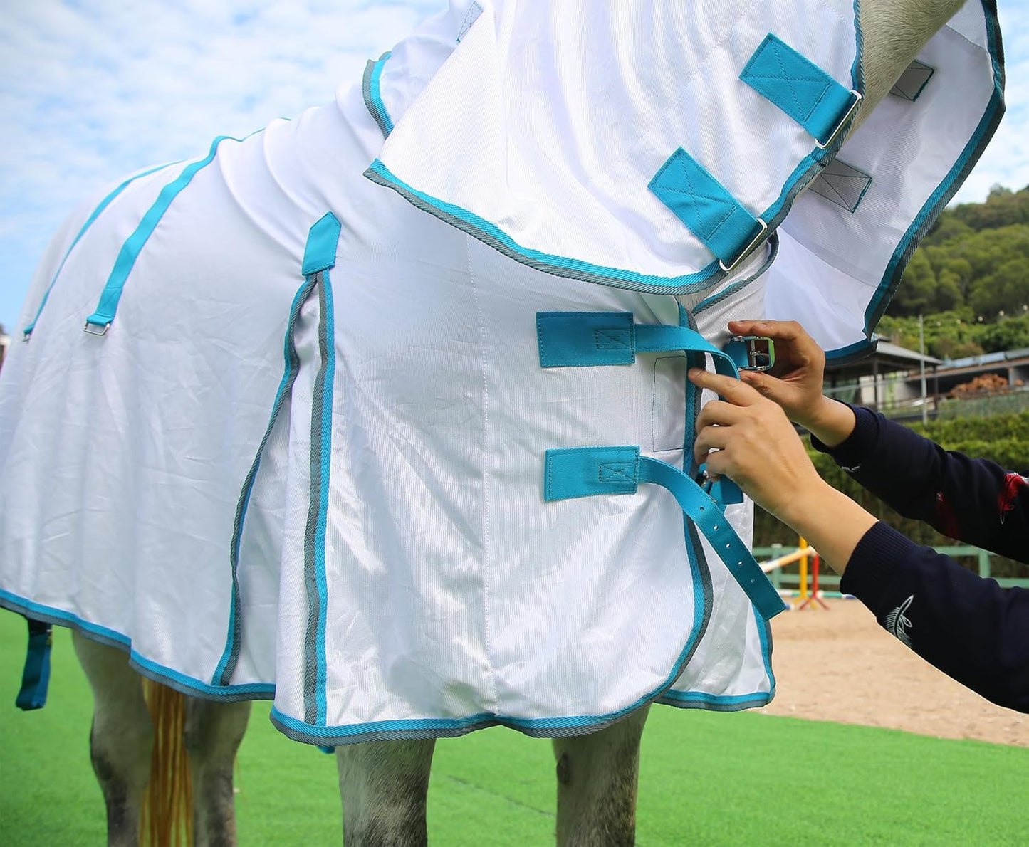 Horse Fly Sheet with Detachable Neck Cover & Belly Wrap, Adjustable Fly Sheet for Horses, Ventilated Airflow Mesh Equine Cooling Summer Flysheet White 78