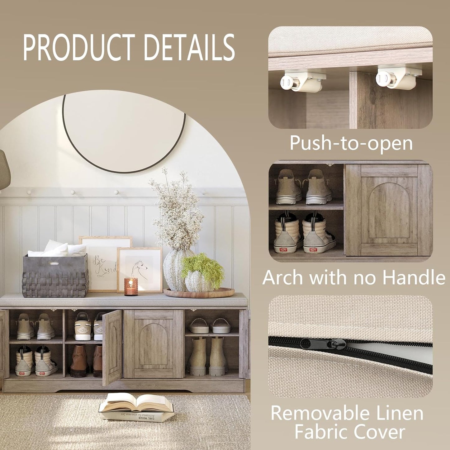 DINZI LVJ Shoe Bench, Entryway Storage Bench with Doors, Cushion, 2-Tier Shoe Rack with 8-Cubby, 47.2”L x 13.8”W Shoe Organizer Cabinet, Adjustable Shelf, Living Room, Bedroom, Greige