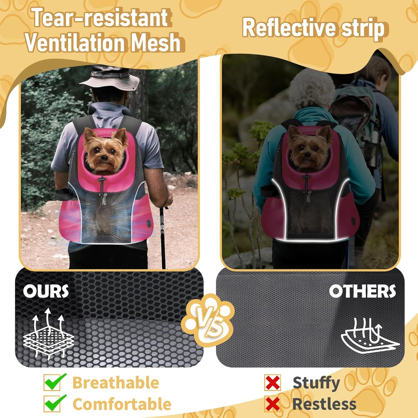 WOYYHO Pet Dog Carrier Backpack Small Dog Front Backpack Ventilated Mesh Dog Travel Back Pack with Safety Belt for Travel Hiking Cycling Outdoor Adventures (Size L: 10-14 lbs, Rethink Pink)