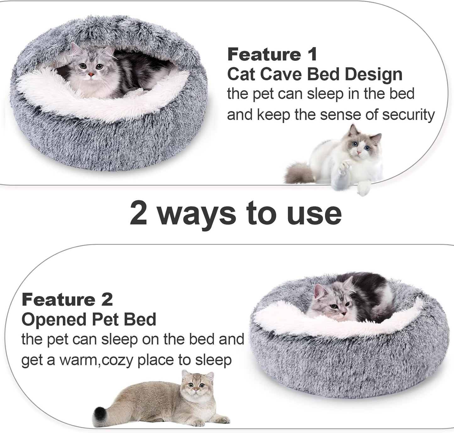 MADDEMCUTE Calming Dog & Cat Cave Bed With Hooded Cover, Removable Washable Round for Small Medium Pets, Anti-Slip Faux Fur Fluffy Coved for Improved Sleep, Fits up to 15/25 lbs (Grey, S)