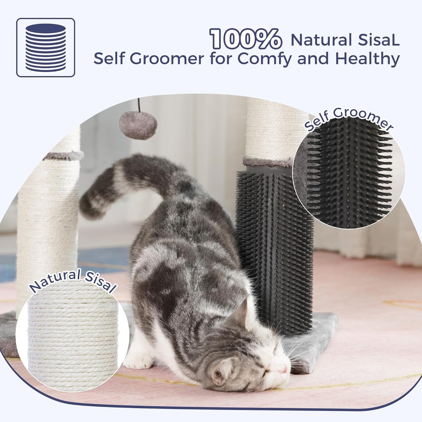 Cat Tree Tower for Large Cats Cat Scratching Post with 20x15.7”Wide Top Bed, Self Groomer, Thick Scratch Post [Dia=4.5”] and Danging Ball Great for Indoor Cats-Large Grey
