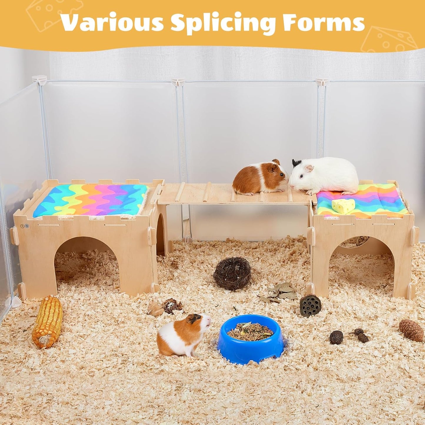 Guinea Pig Hideout, Guinea Pigs House with Stairs and Mats Extra Large Guinea Piggy Castle Detachable Hideouts for Small Animals Wooden Guinea Pig Habitats with Multiple Doors and Windows