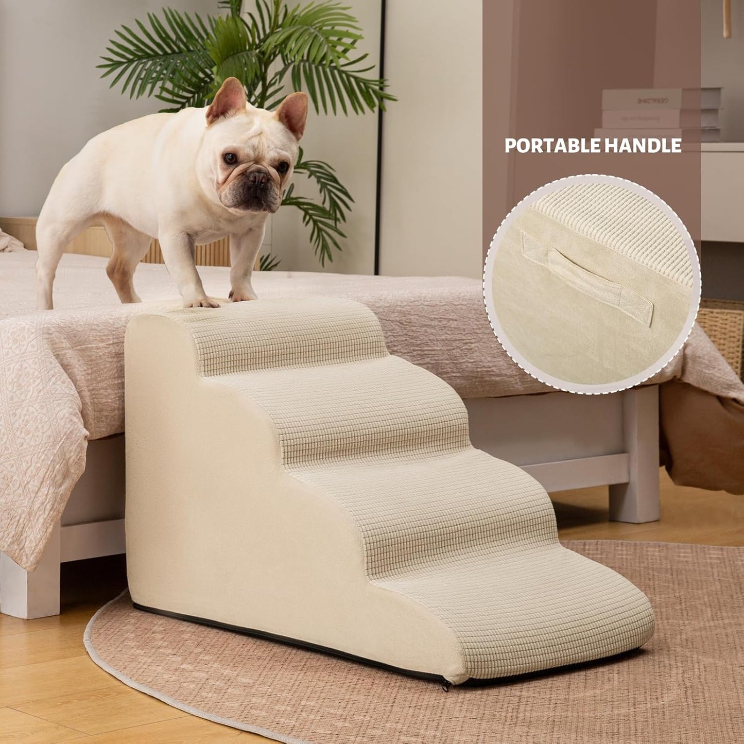 4-Step Dog Stairs and Ramp for Beds or Couches,Non-Slip Sturdy Pet Steps for Small Dogs and Cats,17.4" H,Beige