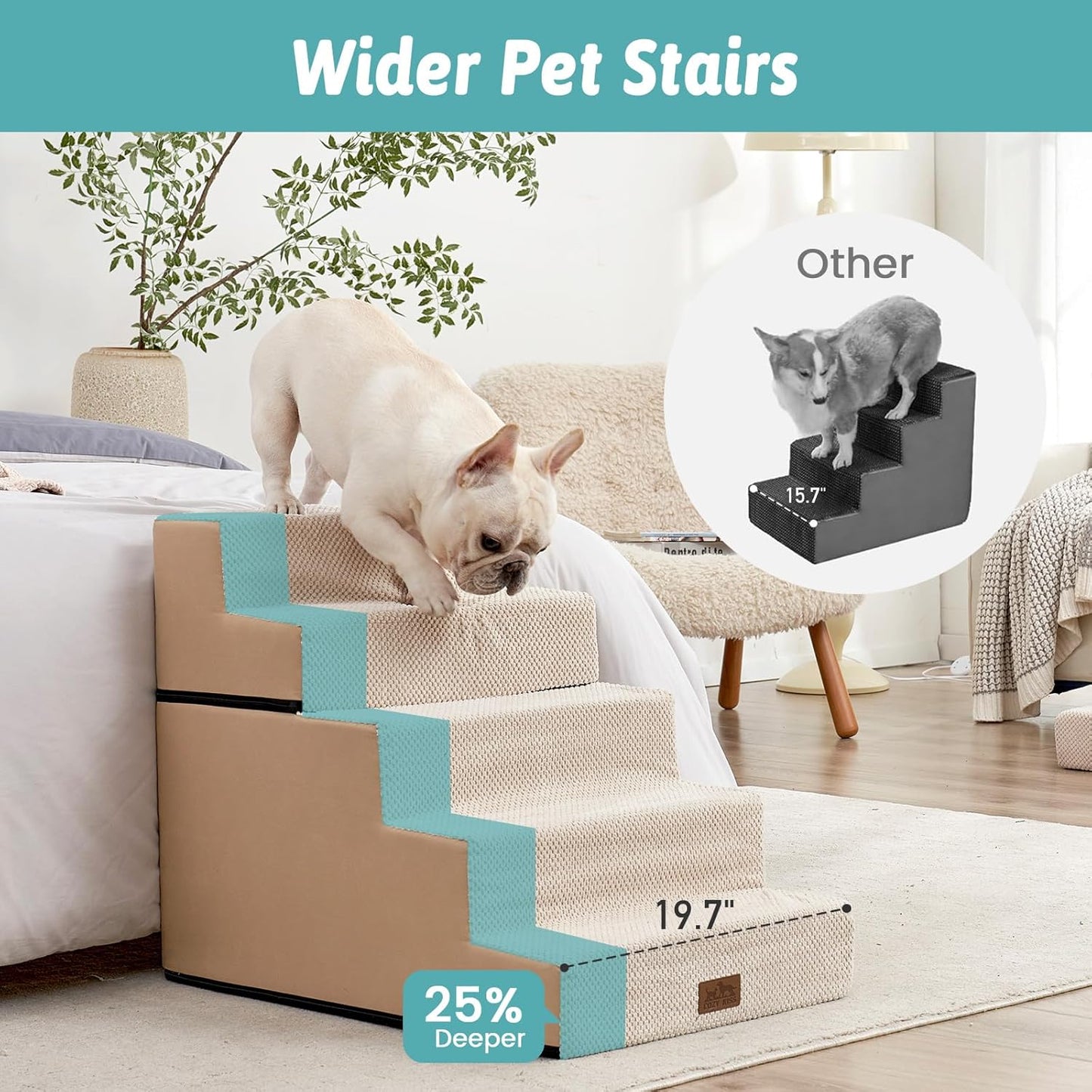 Dog Stairs for Small Dogs, 5 Tier Removable Wider Pet Stairs for Couch and Bed, 23.6" H Non-Slip Dog Steps for Puppies and Old Cats with Support Board, 29.5x19.7x23.6 inch, Beige