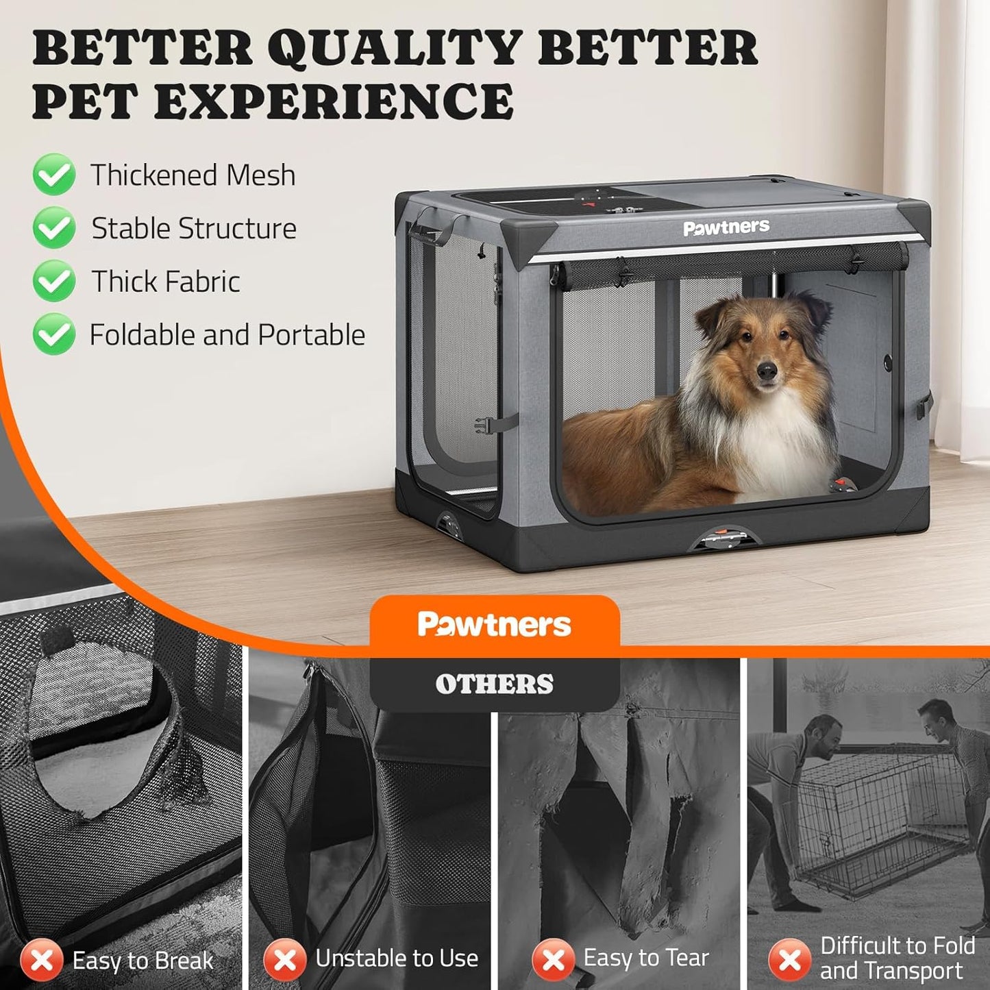 Collapsible Dog Crate: 38 Inch Foldable Soft Sided Dog Crate for Large Dogs, Portable Dog Travel Kennel with Soft Mat for Indoors & Outdoors, Grey (38" L x 27" W x 27" H)